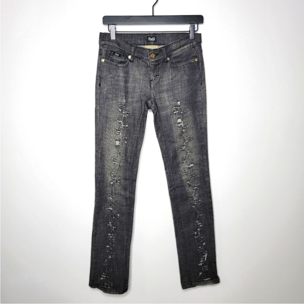 D&G Low Rise Jeans Size 25 Girly Fit Black Distressed Denim Straight Leg